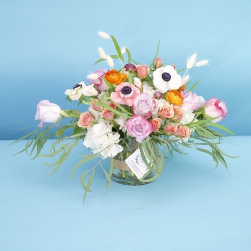 Flower Delivery Raleigh - Pink roses with white anemones in a hand-tied bouquet delivered fresh to homes across Raleigh NC