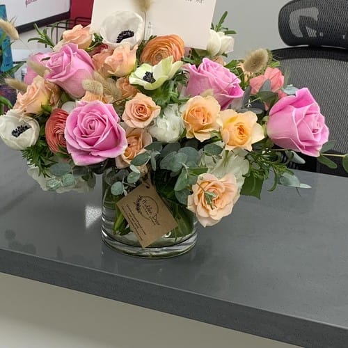 Mother's day flowers, soft pink roses and peonies in a romantic arrangement perfect for surprising Mom on Mothers Day in Raleigh NC - mothers day flowers raleigh